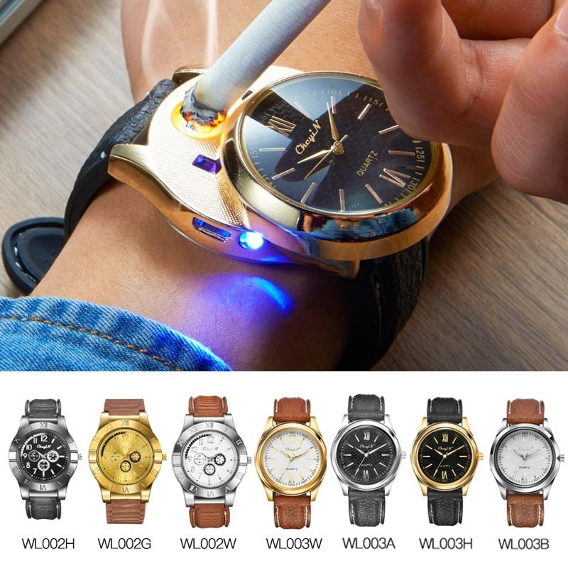 Military USB Charging Lighter Watch Flameless Windproof Cigarette Lighters Rechargeable Electronic Sports Men Watches No Gas 45