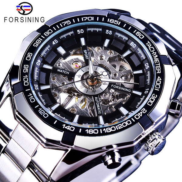Forsining 2017 Silver Stainless Steel Waterproof Mens Skeleton Watches Top Brand Luxury Transparent Mechanical Male Wrist Watch
