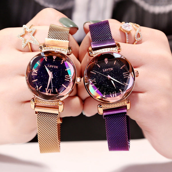 Luxury Women Watches Fashion Elegant Magnet Buckle Vibrato Purple Ladies Wristwatch 2019 New Starry Sky Roman Numeral Gift Clock