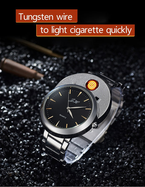 Men watch Creative Flameless USB Lighter watches Men Quartz Wristwatches Tungsten Steel Watchband Cigarette Lighter clock JH329